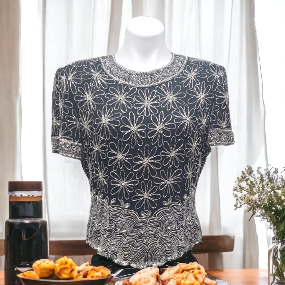 Vintage Laurence Kazar Black Sequin Silk Beaded Blouse Women's Sz L Evening Top